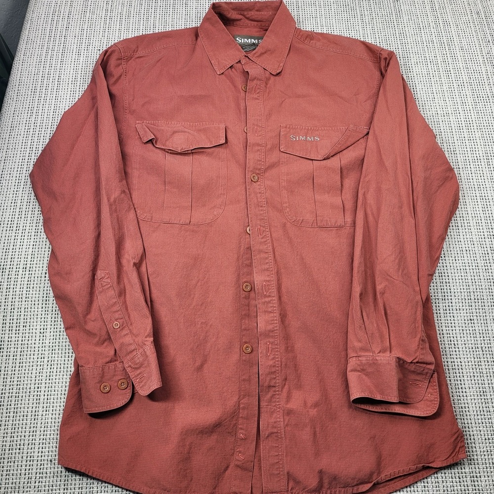 Simms Shirt Mens Medium Red‎ Check Long Sleeve Button Front Fishing Outdoor